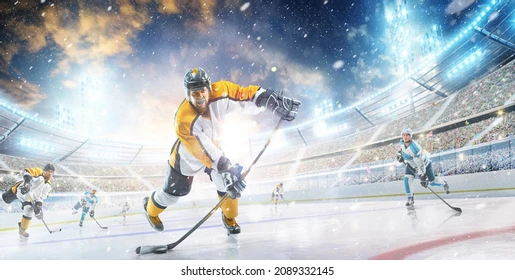 "Players in action during a hockey game to show how long a hockey game is."